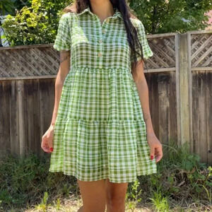 Urban Outfitters UO  Chapin Tiered Cottagecore Gingham Dress Green White Medium